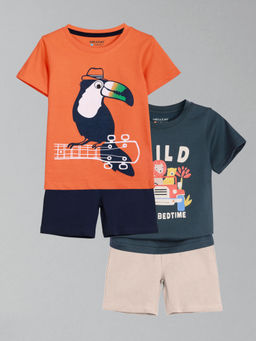 HELLCAT - Boys Navy Blue & Orange Printed T-shirts and Shorts (Set of 2)