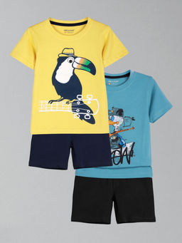 HELLCAT - Boys Yellow & Blue Printed T-shirts and Shorts (Set of 2)