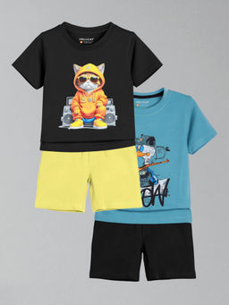 HELLCAT - Boys Blue & Black Printed T-shirts and Shorts (Set of 2)