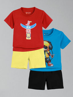 HELLCAT - Boys Blue & Red Printed T-shirts and Shorts (Set of 2)