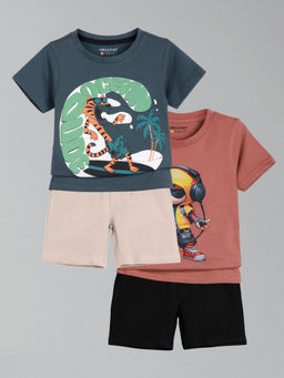 HELLCAT - Boys Pink & Navy Blue Printed T-shirts and Shorts (Set of 2)