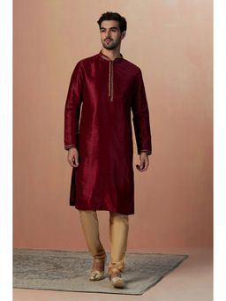 Manyavar - Art Silk Maroon Solid Mandarin Collar Kurta with Pencil Pajama (Set of 2)