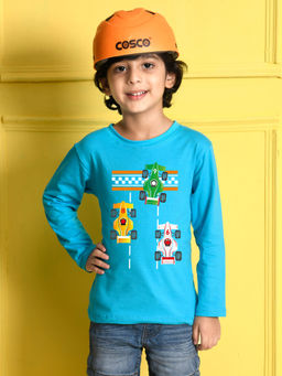 Nusyl - Boys Car Graphic Sky Blue Printed T-shirt