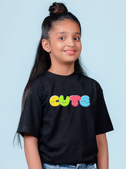 Nusyl - Girls Black Printed Oversized T-shirt