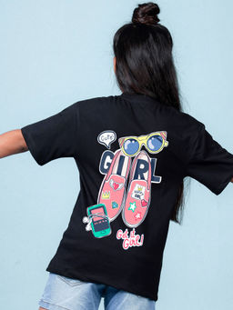 Nusyl - Girls Black Graphic Printed Oversized T-shirt