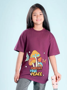 Nusyl - Girls Purple Graphic Printed Oversized T-shirt