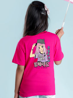 Nusyl - Girls Hot Pink Graphic Printed Oversized T-shirt