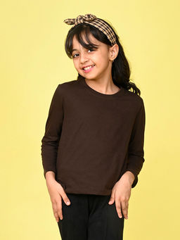 Nusyl - Girls Brown Solid Full Sleeves Regular Fit T-shirt