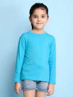Nusyl - Girls Sky Blue Solid Cotton T-shirt