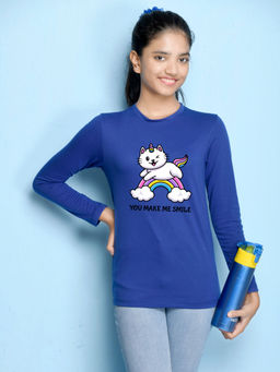 Nusyl - Girls Royal Blue Graphic Printed T-shirt