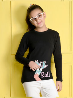 Nusyl - Girls Black Graphic Black Printed T-shirt