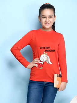 Nusyl - Girls Red Graphic Printed T-shirt