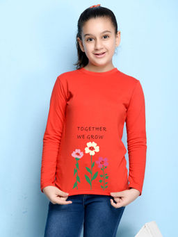 Nusyl - Girls Red Floral Graphic Printed T-shirt