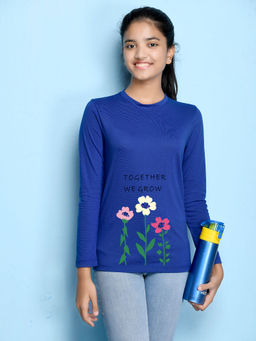 Nusyl - Girls Royal Blue Floral Graphic Printed T-shirt