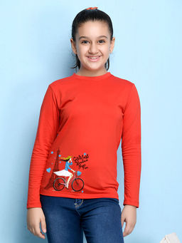 Nusyl - Girls Red Graphic Printed T-shirt