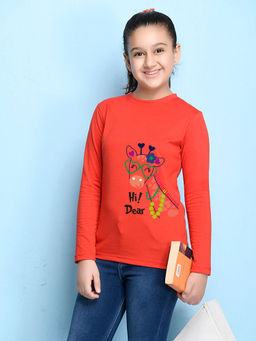 Nusyl - Girls Red Graphic Printed T-shirt