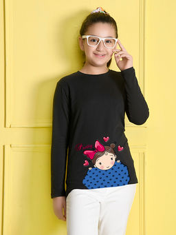 Nusyl - Girls Black Graphic Printed T-shirt