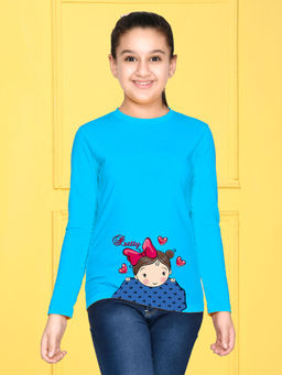 Nusyl - Girls Sky Blue Graphic Printed T-shirt