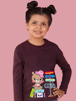 Nusyl - Girls Wine Teddy Graphic Printed Full Sleeves T-shirt