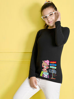 Nusyl - Girls Black Graphic Printed T-shirt