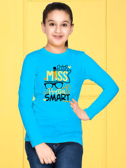 Nusyl - Girls Sky Blue Text Printed T-shirt