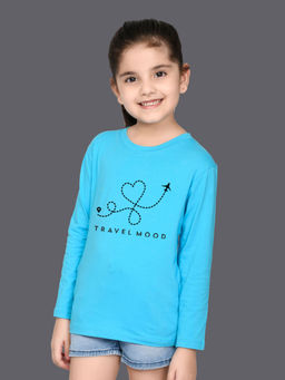 Nusyl - Girls Sky Blue Travel Mood Text Printed Full Sleeves T-shirt