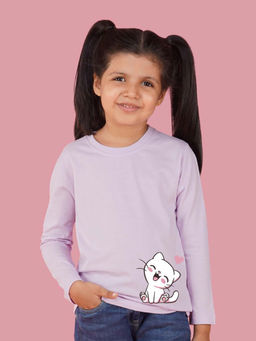 Nusyl - Girls Lavender Cat Graphic Printed Full Sleeves T-shirt