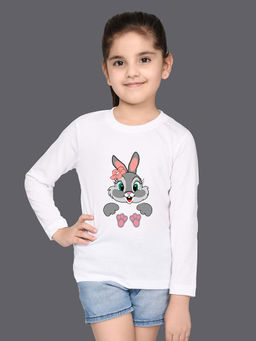 Nusyl - Girls White Rabbit Graphic Printed Full Sleeves T-shirt