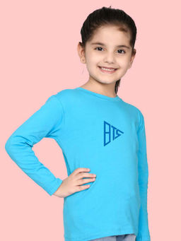 Nusyl - Girls Sky Blue Text Printed Full Sleeves T-shirt