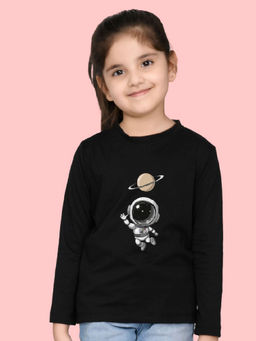 Nusyl - Girls Black Astronaut Graphic Printed Full Sleeves T-shirt