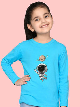 Nusyl - Girls Sky Blue Astronaut Graphic Printed Full Sleeves T-shirt