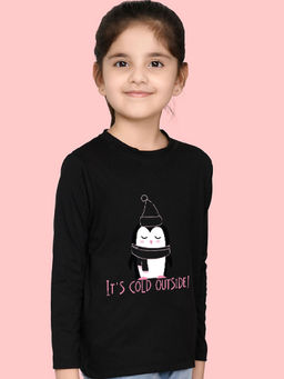 Nusyl - Girls Black Penguin Printed Full Sleeves T-shirt