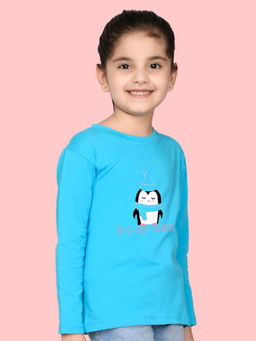 Nusyl - Girls Sky Blue Penguin Printed Full Sleeves T-shirt