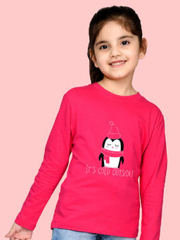 Nusyl - Girls Hot Pink Penguin Printed Full Sleeves T-shirt