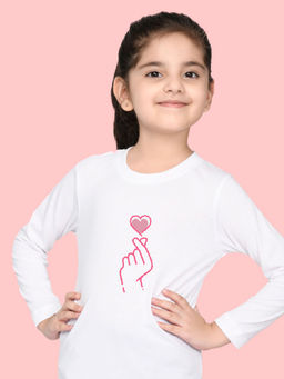 Nusyl - Girls White Heart Printed Full Sleeves T-shirt
