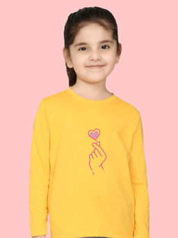 Nusyl - Girls Yellow Heart Printed Full Sleeves T-shirt