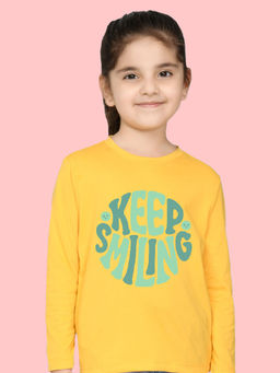 Nusyl - Girls Yellow Keep Smiling Typography Printed Full Sleeves T-shirt