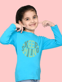 Nusyl - Girls Sky Blue Keep Smiling Typography Printed Full Sleeves T-shirt