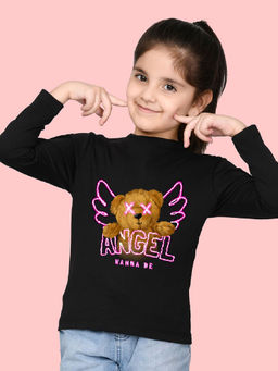 Nusyl - Girls Black Angel Graphic Printed Full Sleeves T-shirt