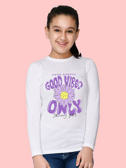 Nusyl - Girls White Good Vibes Only Printed Full Sleeves T-shirt