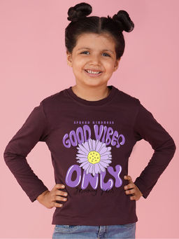 Nusyl - Girls Wine Flower and Text Printed T-shirt