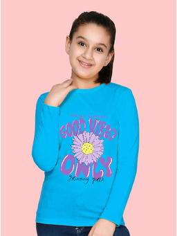Nusyl - Girls Sky Blue Good Vibes Only Printed Full Sleeves T-shirt