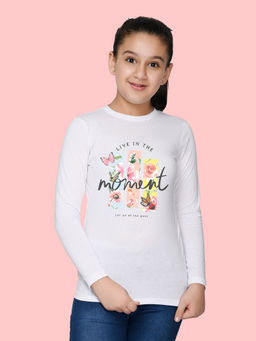 Nusyl - Girls White Flower Printed Full Sleeves T-shirt
