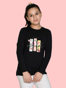 Nusyl - Girls Black Flower Printed Full Sleeves T-shirt