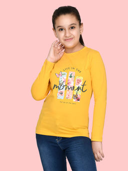 Nusyl - Girls Yellow Flower Printed Full Sleeves T-shirt