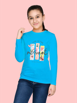 Nusyl - Girls Sky Blue Flower Printed Full Sleeves T-shirt