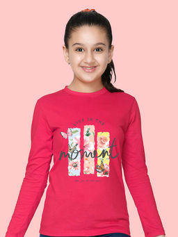 Nusyl - Girls Hot Pink Flower Printed Full Sleeves T-shirt