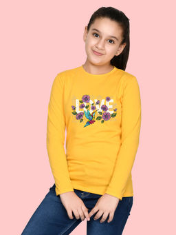 Nusyl - Girls Yellow Love Floral Printed Full Sleeves T-shirt