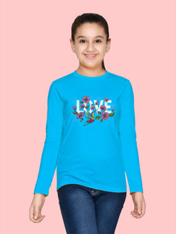 Nusyl - Girls Sky Blue Love Floral Printed Full Sleeves T-shirt