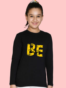 Nusyl - Girls Black Be Happy Printed Full Sleeves T-shirt